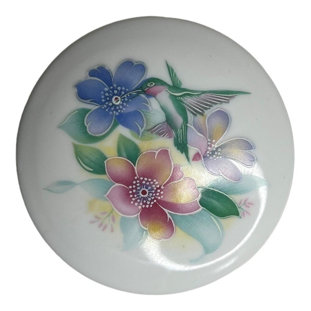Hummingbird Floral Lidded Trinket Box Maine Porcelain S‎ Designs Round 3.5” Flaw